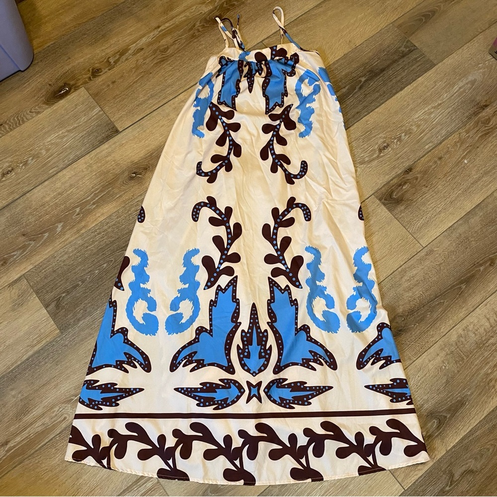 Women’s Maxi Summer Dress Size Medium Blue Brown Beach Design Unbranded